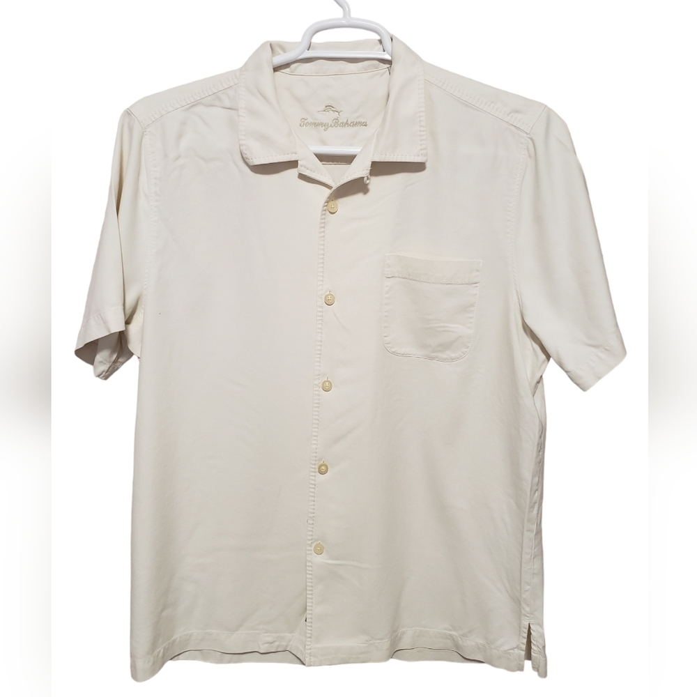 Tommy Bahama cream Button Down men's L Up Short Sleeve 100% Silk Original Fit